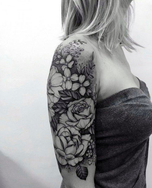 Womens Black Flowers Half Sleeve Tattoo
