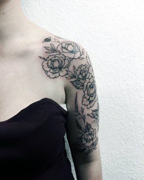 Womens Black Flowers Tattoo Half Sleeve