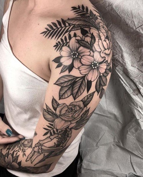 Womens Black Gathered Floral Tattoo Arms
