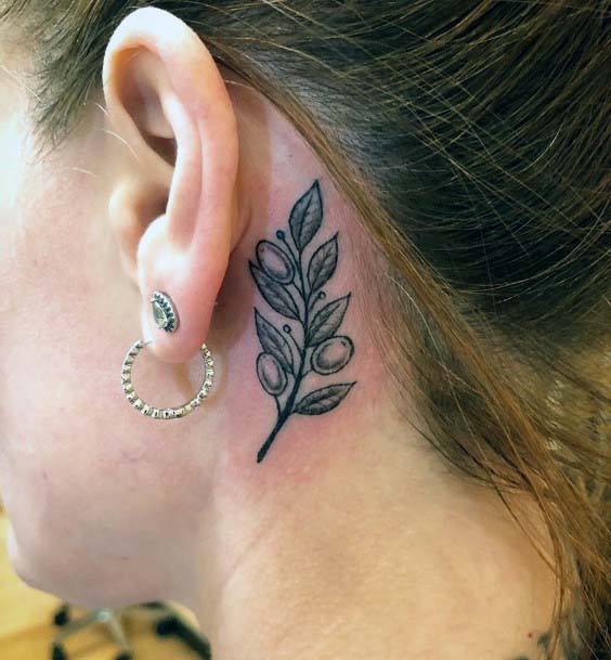 Womens Black Leaves Tattoo Behind The Ear