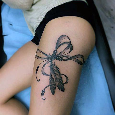 Womens Black Ribbon Thigh Tattoo