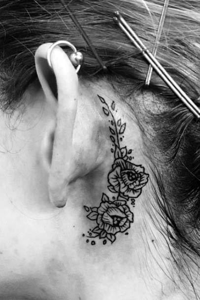 Womens Black Rose Behind The Ear Tattoo