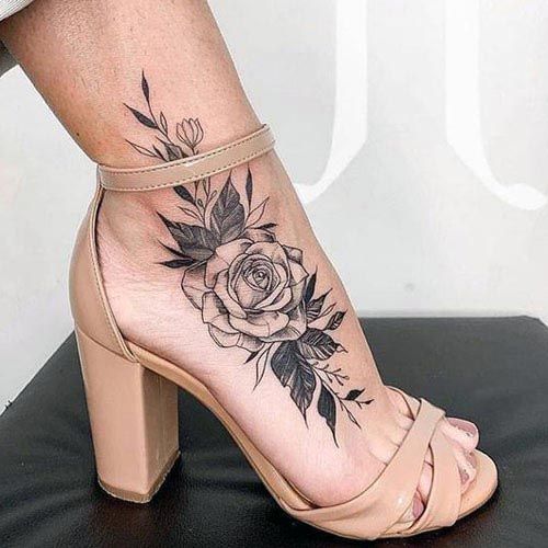 Womens Black Rose Feet Tattoo