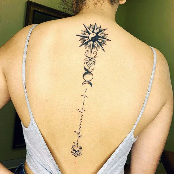 Womens Black White Spine Tattoo