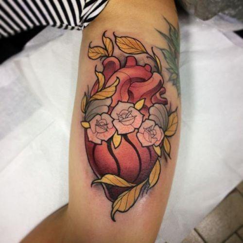 Womens Blazing Red Heart And Floral Tattoo