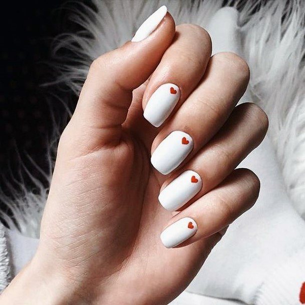 Womens Bleach White Nails With Red Hearts Romantic