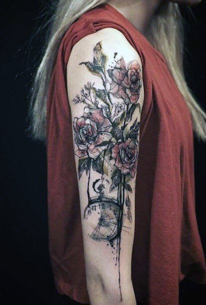 Womens Bloody Rose Half Sleeve Tattoo