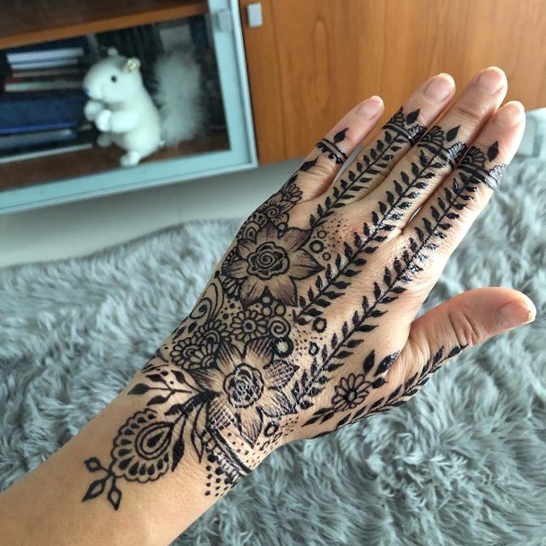 Womens Blossoming Black Henna Tattoo Hands