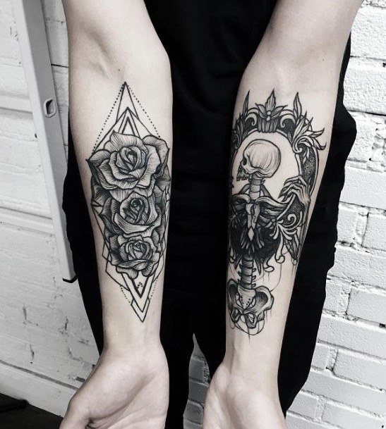 Womens Blossoms And Skeleton Tattoo Forearms