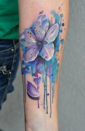 Womens Blue Dripping Paint Floral Forearm Tattoo