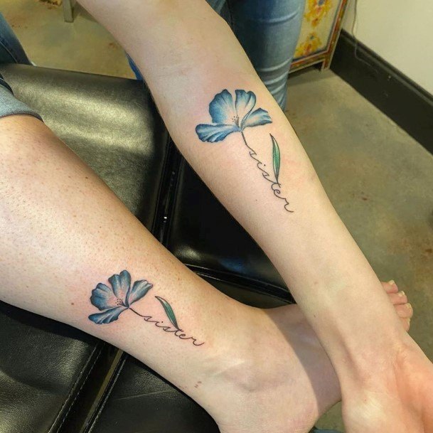 Womens Blue Flower Matching Tattoo