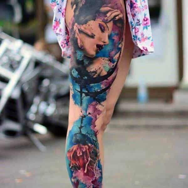 Womens Blue Shaded Thigh Tattoo