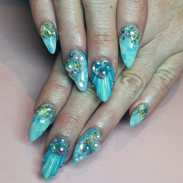 Womens Blue Water Nails With Gems Art