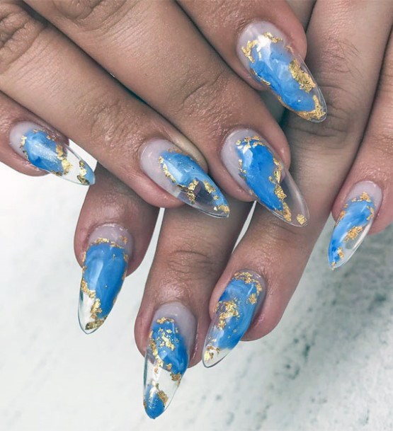 Womens Blue Water Nails With Gold