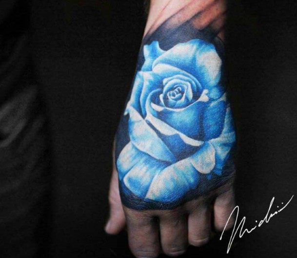 Womens Blue White Ink Tattoo Ideas Rose Hand