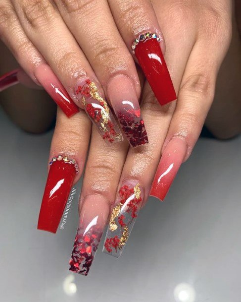 Womens Bright Red Gold Flake Fall Ombre Nail Inspiration