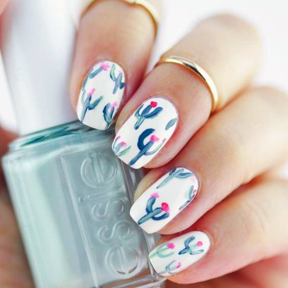 Womens Cactus Pattern On Nails White Art