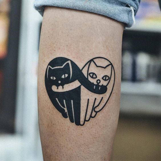 Womens Calves Black And White Cat Heart Tattoo