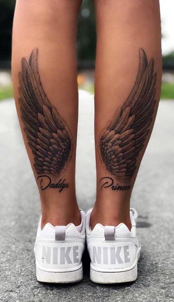 Womens Calves Black Angel Wings Tattoo