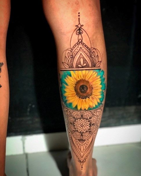 Womens Calves Bright Sunflower Tattoo