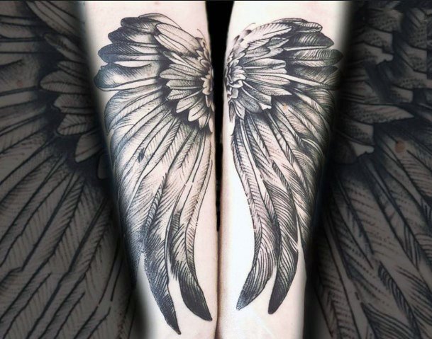 Womens Calves Bushy Angel Wings Tattoo