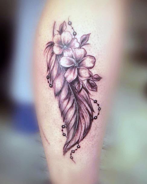 Womens Calves Feather And Flower Tattoo