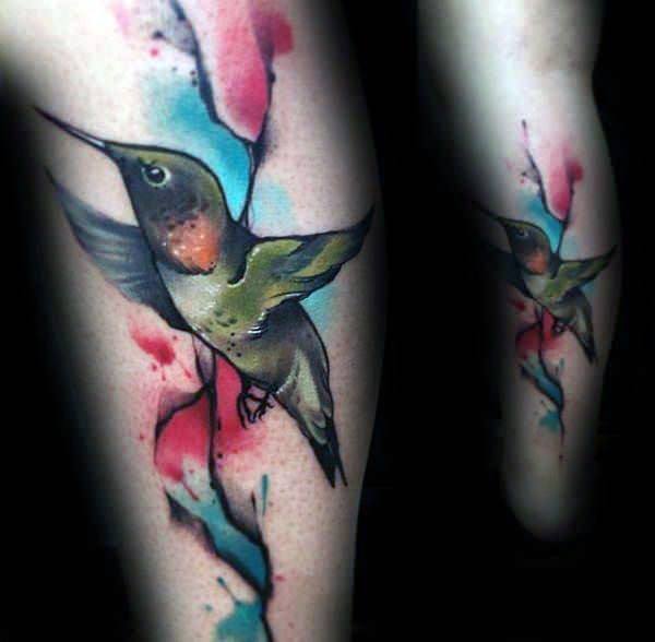 Womens Calves Hummingbird Colorful Tattoo Art