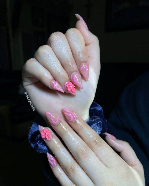 Womens Candy Pink 3d Flowers Nails