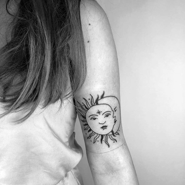 Womens Cartoon Sun And Moon Tattoo On Arms