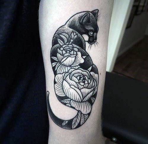 Womens Cat Tattoo With Roses Black And Grey