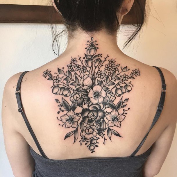 Womens Charming Bunch Of Flowers Tattoo On The Back