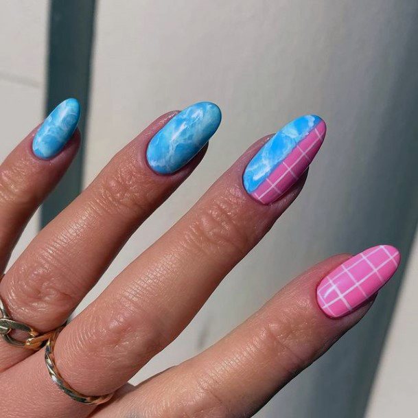 Womens Checked Pink And Cloudy Blue Water Nails Women