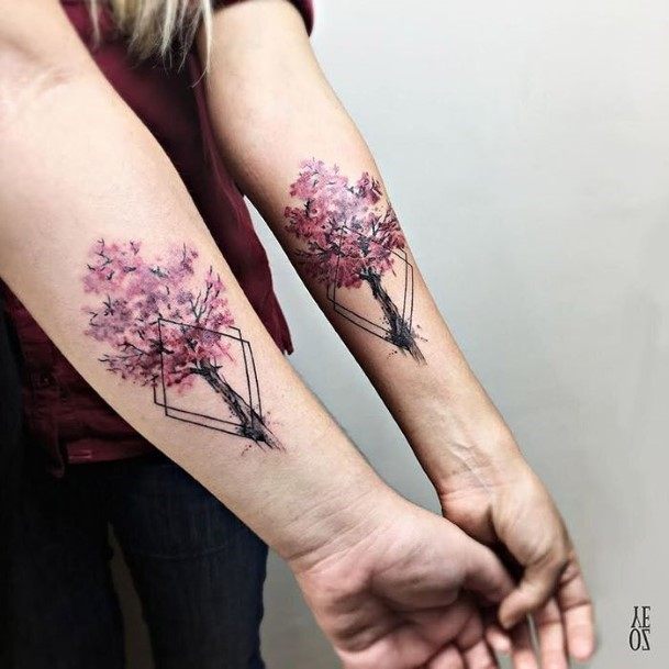 Womens Cherry Blossom Matching Tattoo Forearms