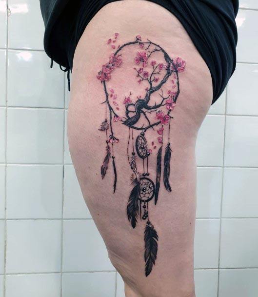 Womens Cherry Blossoms Dream Catcher Tattoo Thighs