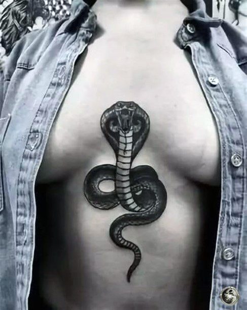 Womens Chest Angry Black Hooded Snake Tattoo