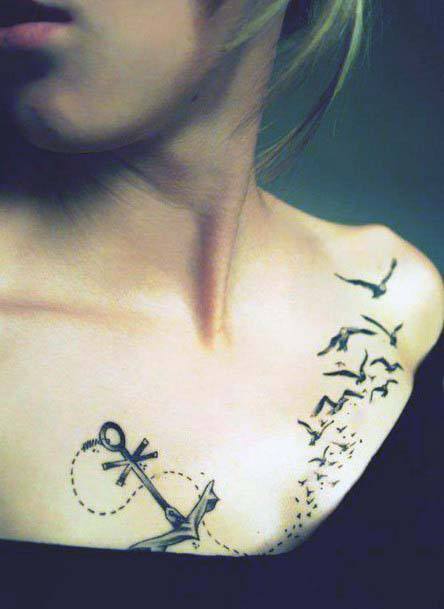 Womens Chest Birds And Anchor Tattoo