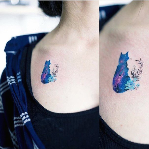 Womens Chest Blue Universe Cat Tattoo