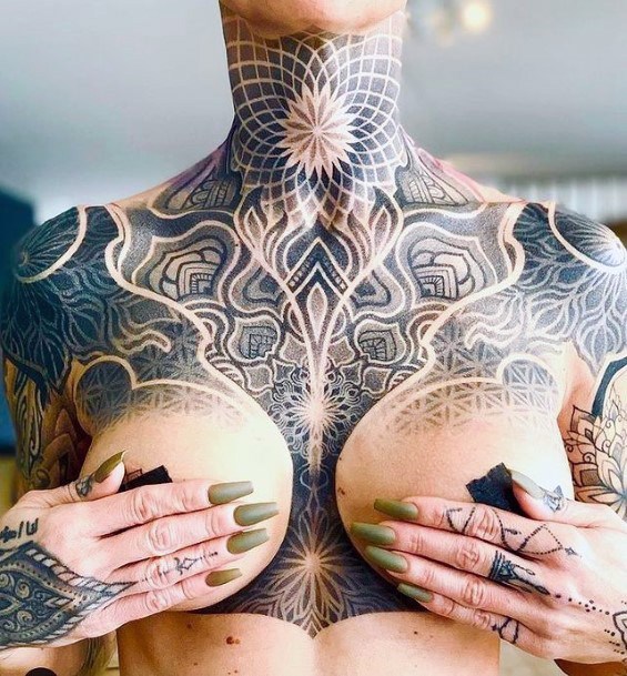 Womens Chest Brilliant Geometric Tattoo