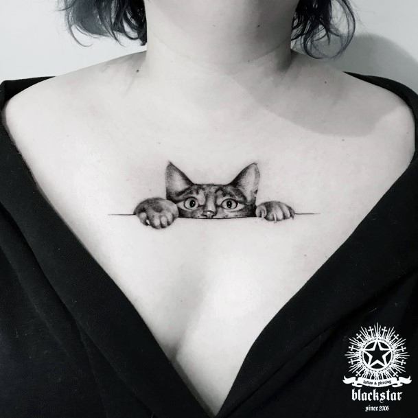Womens Chest Cat Tattoo Peek A Boo