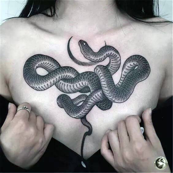 Womens Chest Coiled And Twisted Snake Tattoo Art
