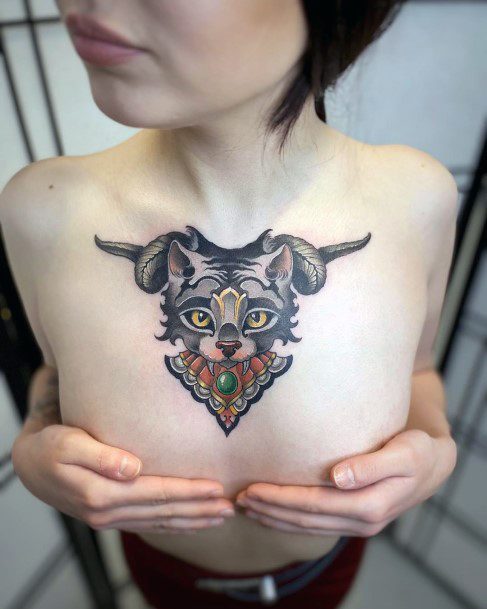 Womens Chest Evil Cat Tattoo Neo Traditional Style