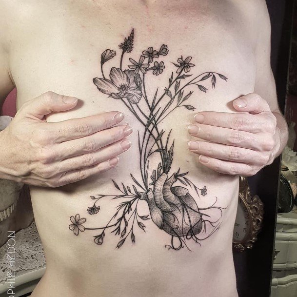 Womens Chest Flowers Growing From Anatomical Heart Tattoo