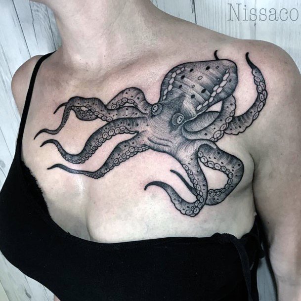 Womens Chest Grey Octopus Tattoo