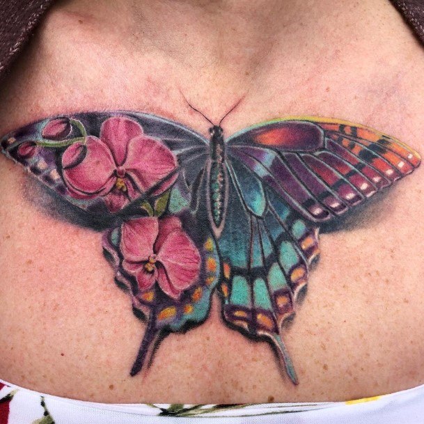 Womens Chest Magnificient Butterfly Tattoo