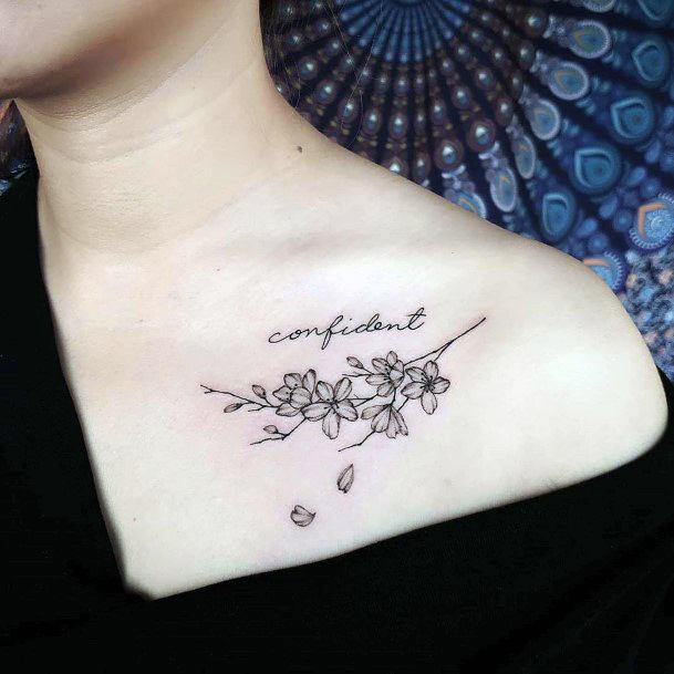 Womens Chest Pretty Black Cherry Blossoms Tattoo Art