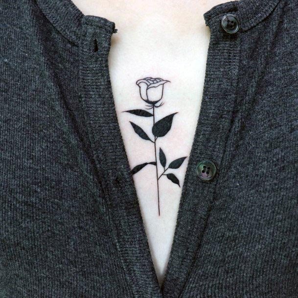 Womens Chest Simple Rose Plant Tattoo