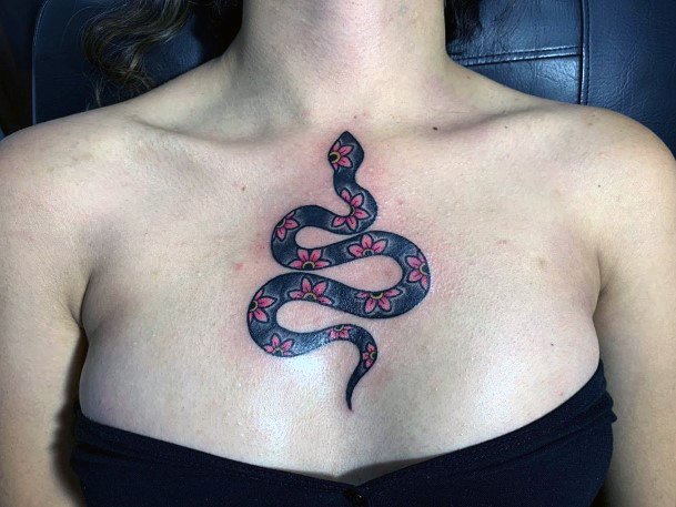 Womens Chest Snake With Floral Skin Tattoo