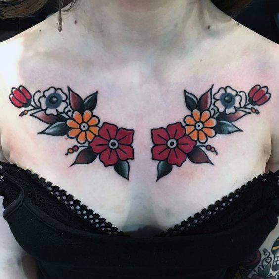 Womens Chest Traditional Floral Tattoo