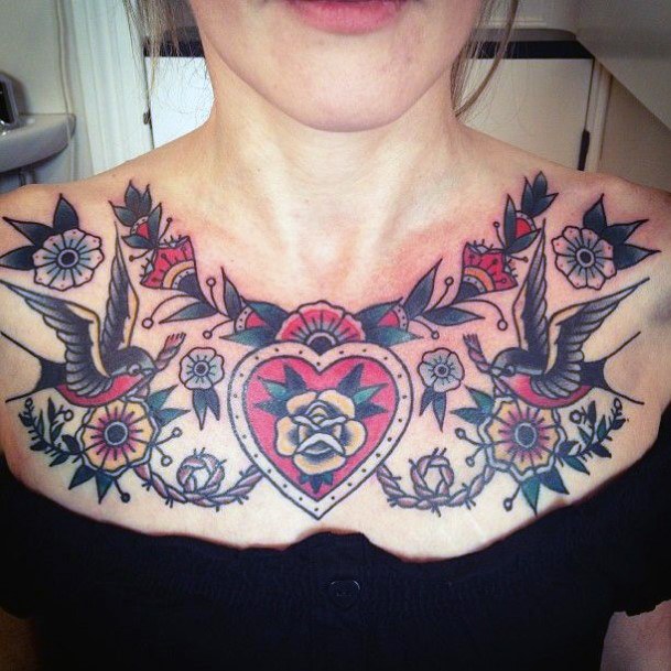 Womens Chest Traditional Tattoo With Heart
