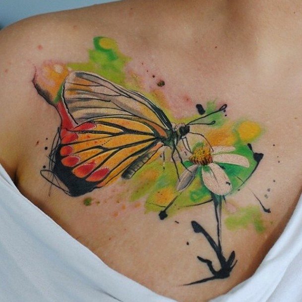 Womens Chest Water Colored Butterfly Tattoo